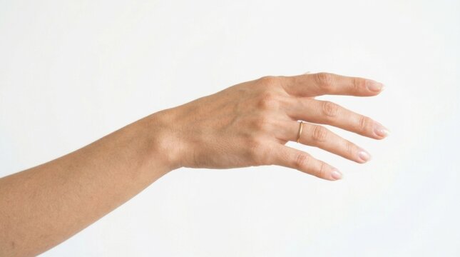 Female arm reaching out open palm isolated on white background