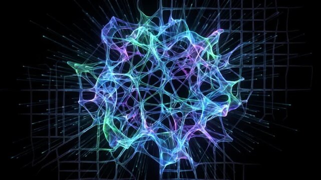 暗黒空間で独立した幾何学的ブロックが融合し多核の合胞体栄養膜となる医療CG映像