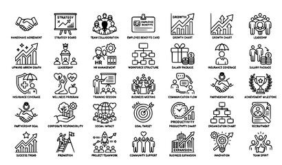Fototapeta premium Business Growth and Employee Collaboration Thin Line Icon Pack Featuring Strategy Handshake and Benefits Symbols