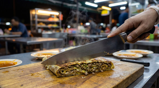 Slicing Murtabak on a wooden board