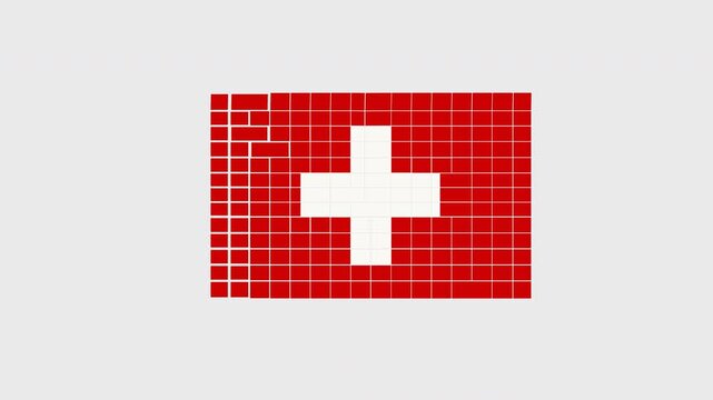 Switzerland Flag Pixel Block Animation, Swiss Mosaic National Flag Flapping, 2D Vector Motion Graphic On Transparent Alpha Channel, European Country Video Asset, 4K 60fps