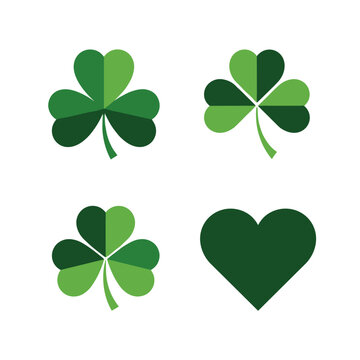 Shamrock and heart icons in green shades for irish celebration
