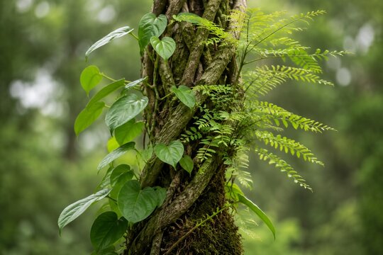 Two symbiotic plants intertwined and a mutual support system, green foliage in natural daylight.