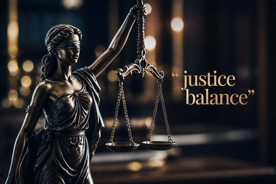 A statue of Lady Justice holding scales in a dimly lit, atmospheric setting.