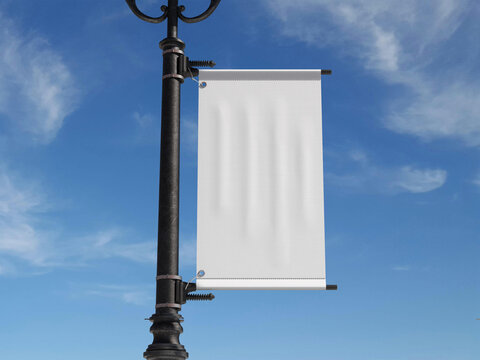 Blank Front View Pole Flag Banner Mockup in a Sunny Day 3D Render