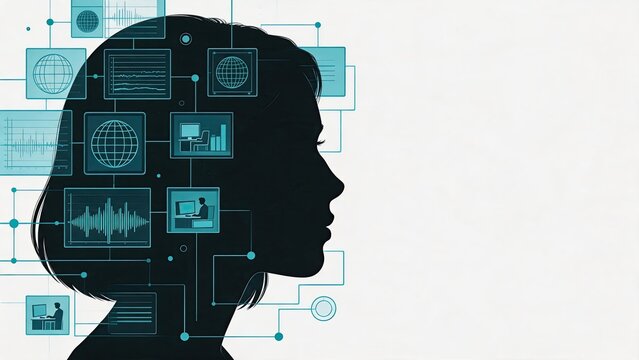 Silhouette of woman head profile with artificial intelligence interface, neural network connection, big data processing, machine learning, cognitive computing, future tech concept