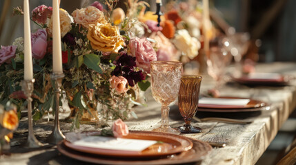 Fototapeta premium Elegant table setting with floral centerpiece and candles