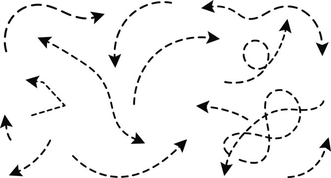 Black dashed arrows with arrowheads indicating direction and movement on white background