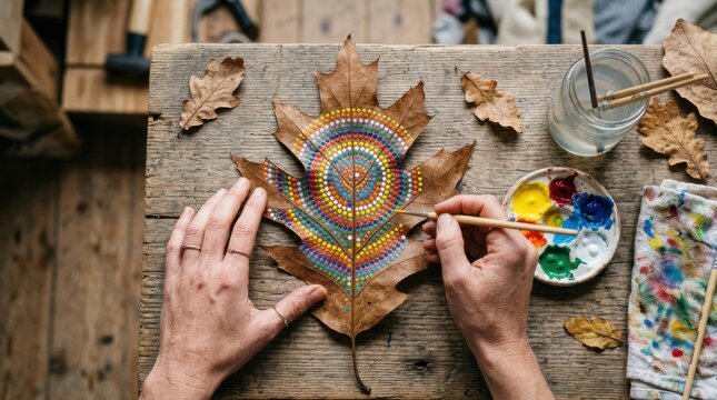 Top view of hands painting colorful dot mandala on autumn dry leaf