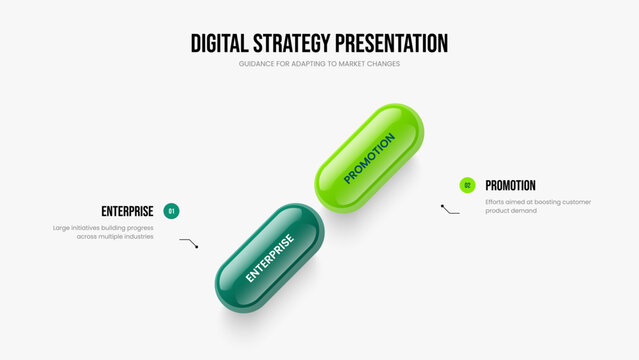 Project Strategy Slide Design Vector Illustration. Company Forecast 2 Element Infographic Frame Layout. Marketing Report Two Option Diagram Presentation Template.