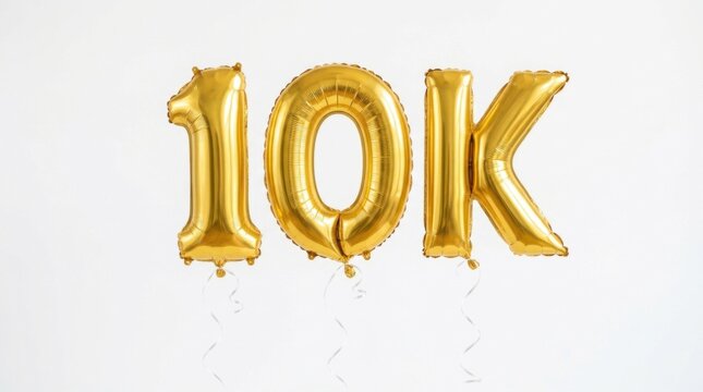 10k 10000 followers gold foil balloon letters isolated on white