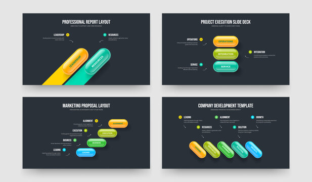 Company Performance 2 3 4 5 Option Diagram Slideshow Template Bundle. Product Visualization Two Three Four Five Element Infographic Slide Design Vector Illustration Set.