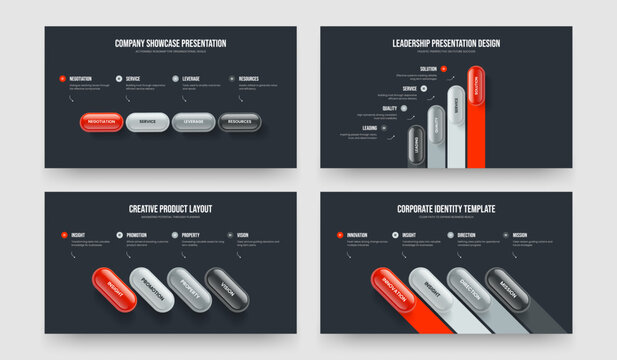 Investor Visualization Four Step Diagram Frame Design Vector Illustration Bundle. Advertising Growth 4 Option Infographic Slide Template Set.