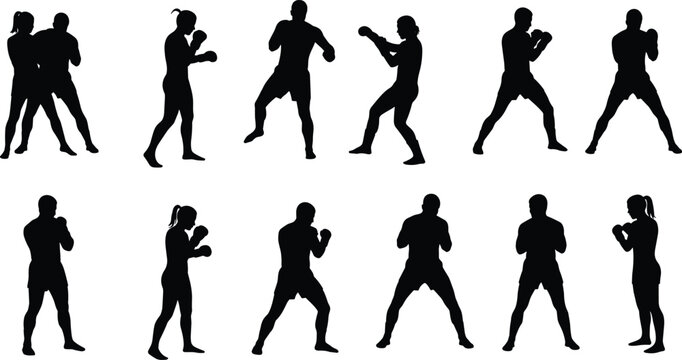 Boxing silhouette, male female fighters, combat training, punching stance, martial arts workout, kickboxing pose, self defense, fitness exercise, shadow practice