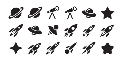 Fototapeta premium Graphic set of black space-themed symbols with rockets, satellites, and celestial bodies