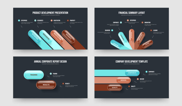 Financial Profile 4 5 2 3 Element Diagram Slideshow Layout Bundle. Service Development Four Five Two Three Step Infographic Slide Design Vector Illustration Collection.