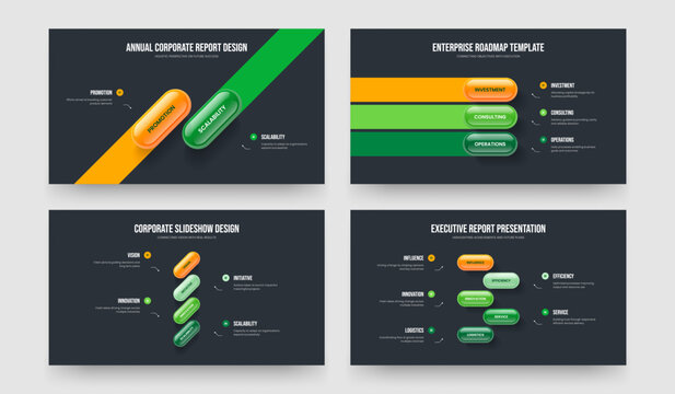 Enterprise Launch Two Three Four Five Option Infographic Presentation Design Vector Illustration Set. Financial Portfolio 2 3 4 5 Element Diagram Slide Template Collection.