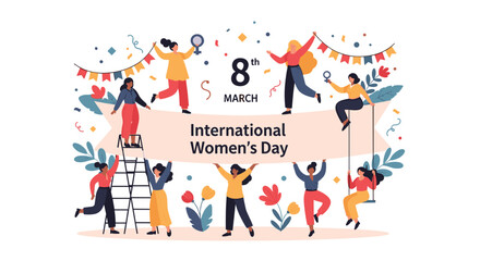 Fototapeta premium Group of diverse women celebrating international womens day with confetti and banners to promote gender equality and empowerment.