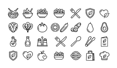 Fototapeta premium Healthy salad and nutrition vector icon bundle with editable outline symbols