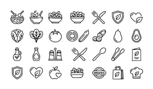 Healthy salad and nutrition vector icon bundle with editable outline symbols