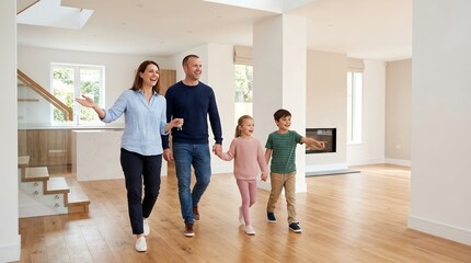 Fototapeta premium Happy family with children exploring their new modern home interior.