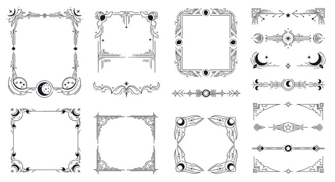Intricate set of decorative black and white frames and borders with celestial motifs like moons stars and suns for mystical designs.