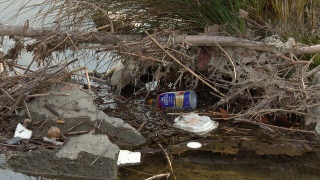 Plastic Waste and Debris Accumulating Along a Riverbank in Kyoto