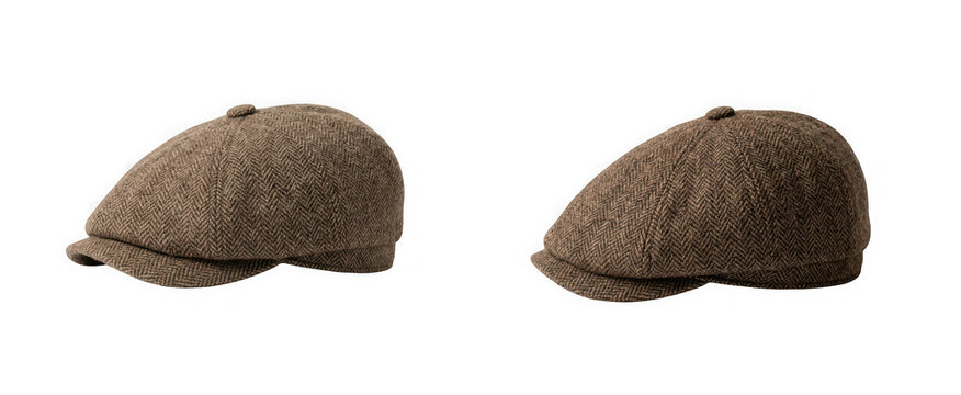Two brown herringbone tweed flat caps isolated on transparent background