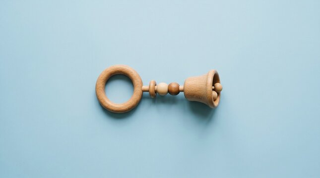 Close up of wooden baby rattle on soft blue minimalist background