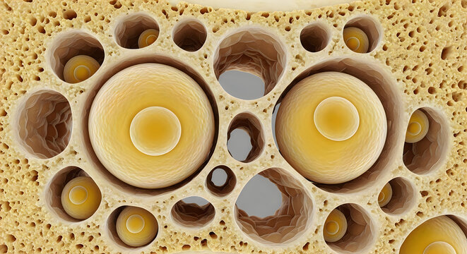 Close-up of honeycomb cells in golden yellow and brown, 3d render, natural texture, organic pattern