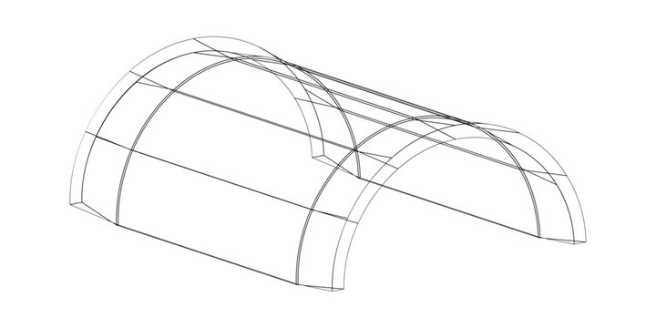 3D wireframe cylindrical tunnel with semi-circular ends, technical geometric illustration for architecture, engineering, and computer-aided design visualization