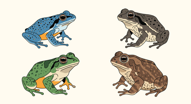 Set of four different frogs and toads with unique skin patterns and colors including blue, green, brown, and grey on a light background.