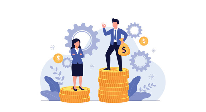 Illustration depicting gender pay gap with a man standing on a much taller stack of coins than a woman representing economic inequality in business.