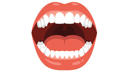 Fototapeta premium Illustration of a wide-open human mouth showing upper and lower rows of clean white teeth, pink gums, and a red tongue for dental health themes.
