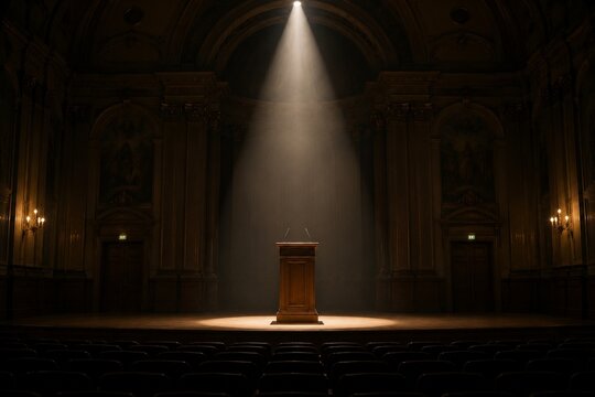 An empty lectern on a grand hall stage under a single spotlight, atmospheric.