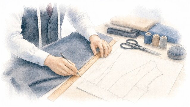 プロの仕立て屋が作業台で採寸し、型紙を使って生地に線を引く手元の水彩イラスト