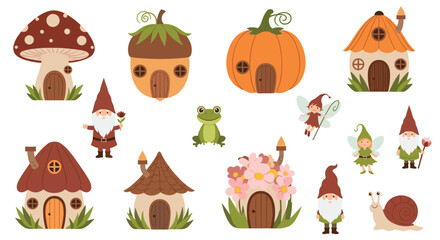 Obraz premium Enchanting set of fairytale themed items featuring gnome houses, mushrooms, snails, frogs, and fairies for magical storybook illustrations.