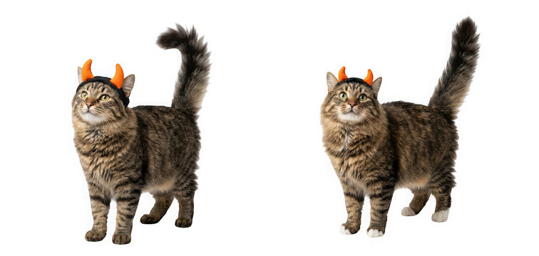 Funny tabby cat wearing orange devil horns costume headband isolated on transparent background