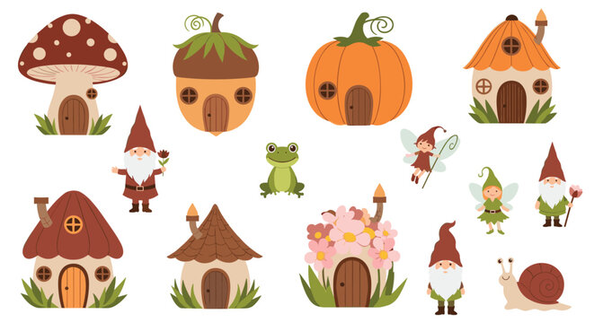 Enchanting set of fairytale themed items featuring gnome houses, mushrooms, snails, frogs, and fairies for magical storybook illustrations.