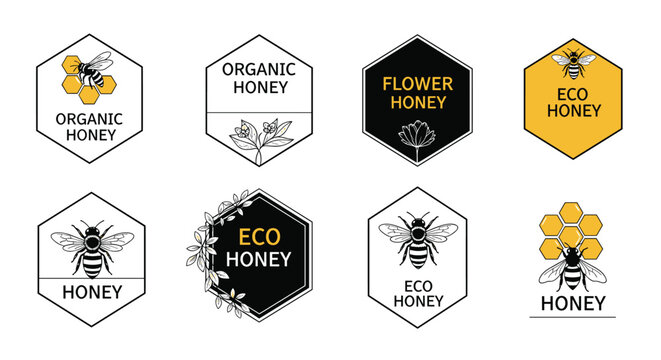 Set of organic and eco honey labels in hexagonal frames featuring bee icons, flowers, and honeycomb patterns for food packaging.