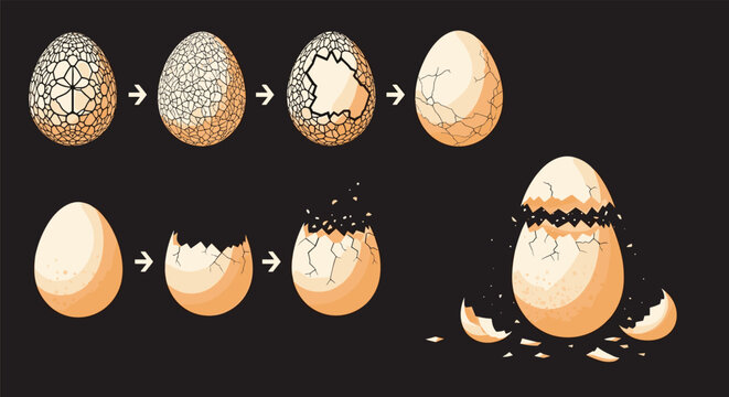 Educational illustration showing the step by step process of an egg hatching from cracking to a chick breaking out of the shell.