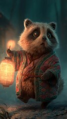 Mystical fluffy raccoon wearing a traditional kimono holding a glowing lantern in a night forest © Se