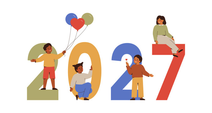 Horizontal banner with Happy children near 2027 colourful numbers. Smiling boys and girls celebrate new year holidays and christmas. Vector illustration