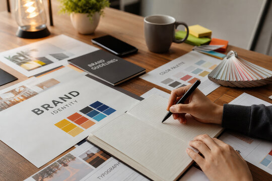 Creative Branding Workspace with Design Materials for Professional Brand Development Strategy
