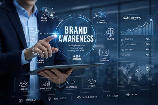 Corporate Brand Awareness Concept with Digital Marketing Interface and Business Technology Overlay