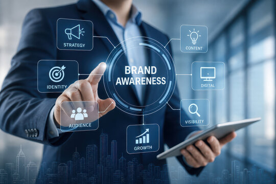 Brand awareness digital marketing concept with businessman touching virtual interface showing strategy audience identity growth content visibility and digital icons, modern office background