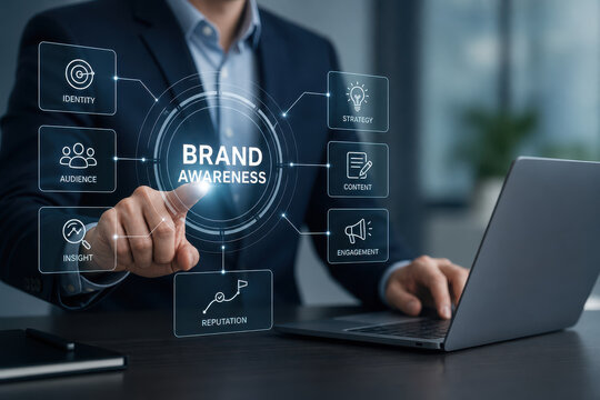 Brand awareness marketing concept with businessman touching virtual interface showing strategy, content, engagement and audience for corporate campaign