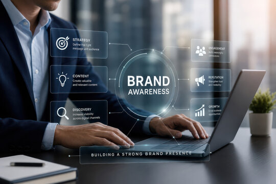 Brand awareness concept with businessman typing on laptop surrounded by transparent marketing icons and strategy elements conveying engagement and growth in modern office