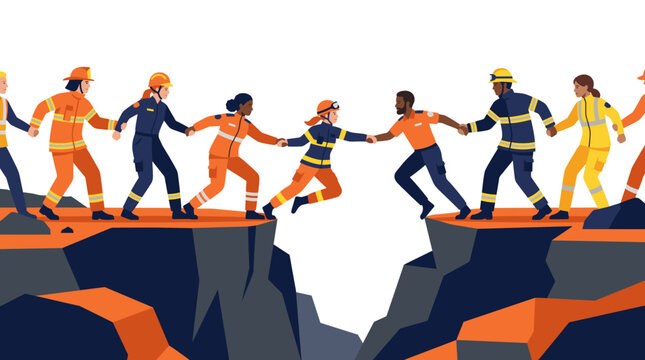 Diverse Rescue Team Forming Human Bridge Between Cliffs