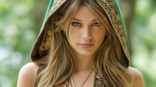 Young woman with blonde hair wearing ornate teal and gold hooded cloak